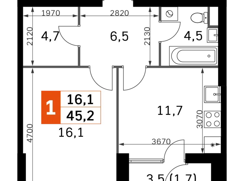 Mieszkanie 1 pokój 45 m² Moskwa, Rosja