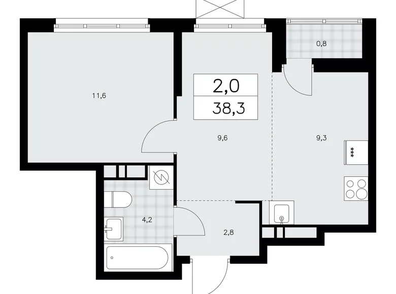2 room apartment 38 m² Moscow, Russia