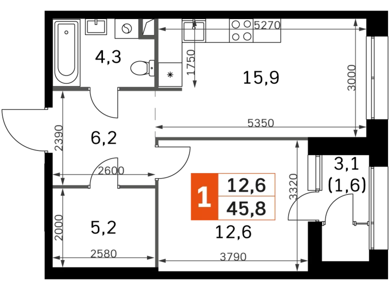 Apartamento 1 habitación 45 m² Moscú, Rusia