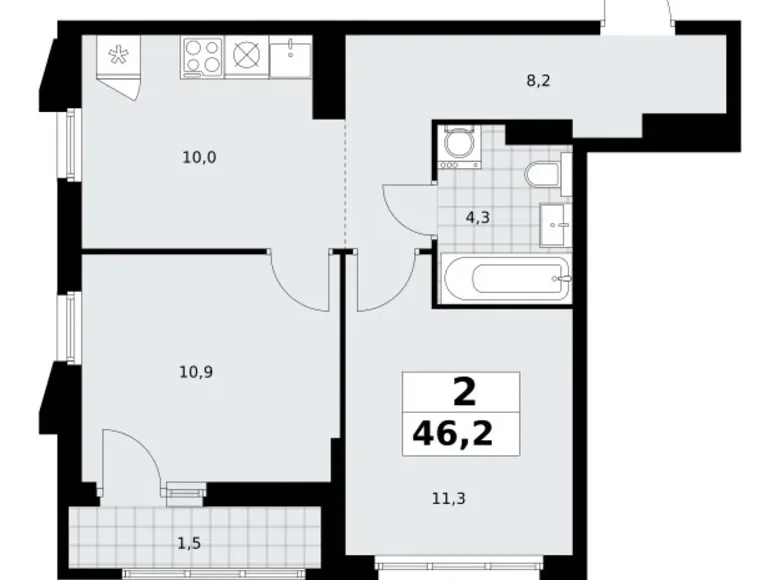 2 room apartment 46 m² Troitsk, Russia
