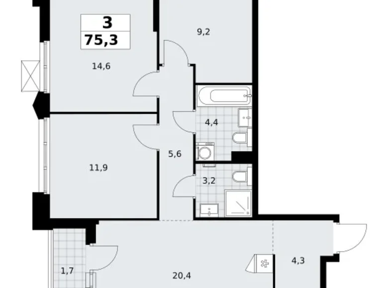 3 room apartment 75 m² Troitsk, Russia