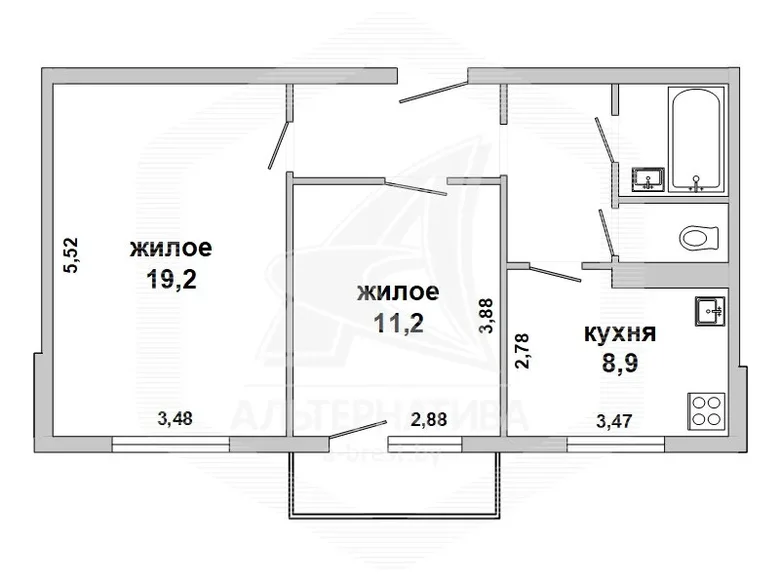 2 room apartment 53 m² Kobryn, Belarus