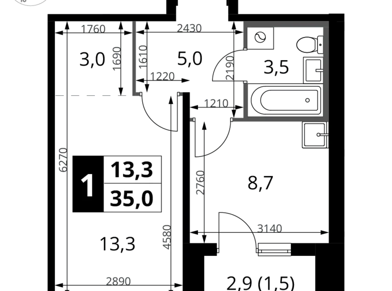 1 room apartment 35 m² Potapovo, Russia