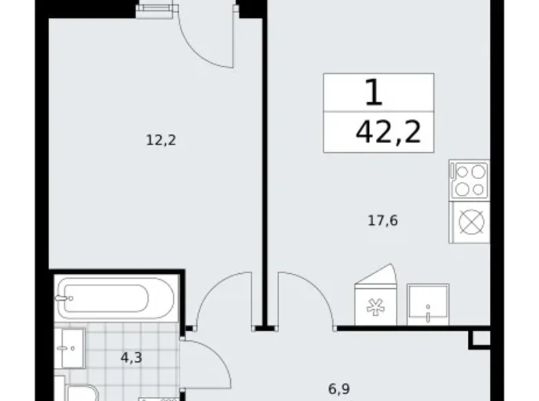 1 room apartment 42 m² Troitsk, Russia