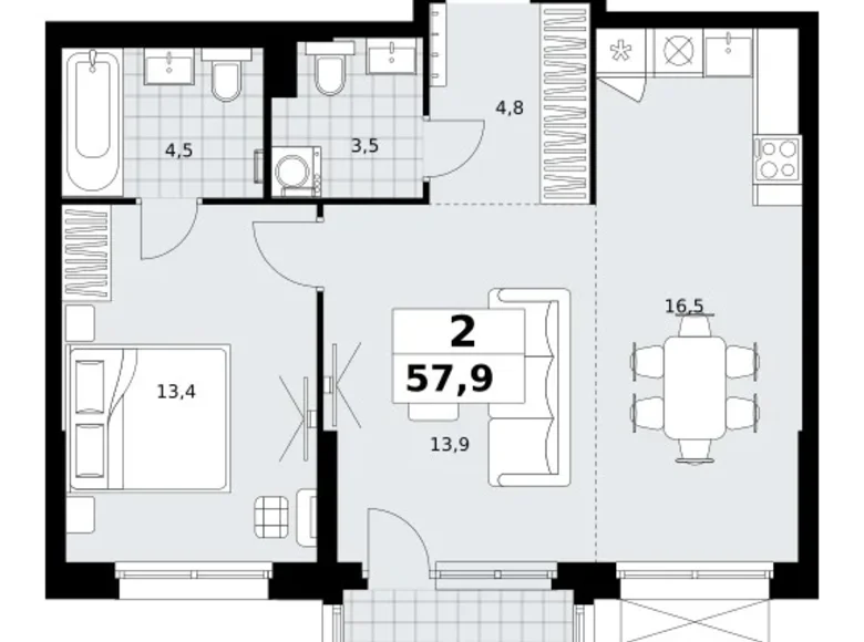 2 room apartment 58 m² Kommunarka, Russia