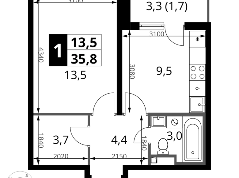 Wohnung 1 zimmer 36 m² Potapovo, Russland