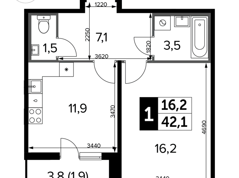 1 room apartment 42 m² Khimki, Russia