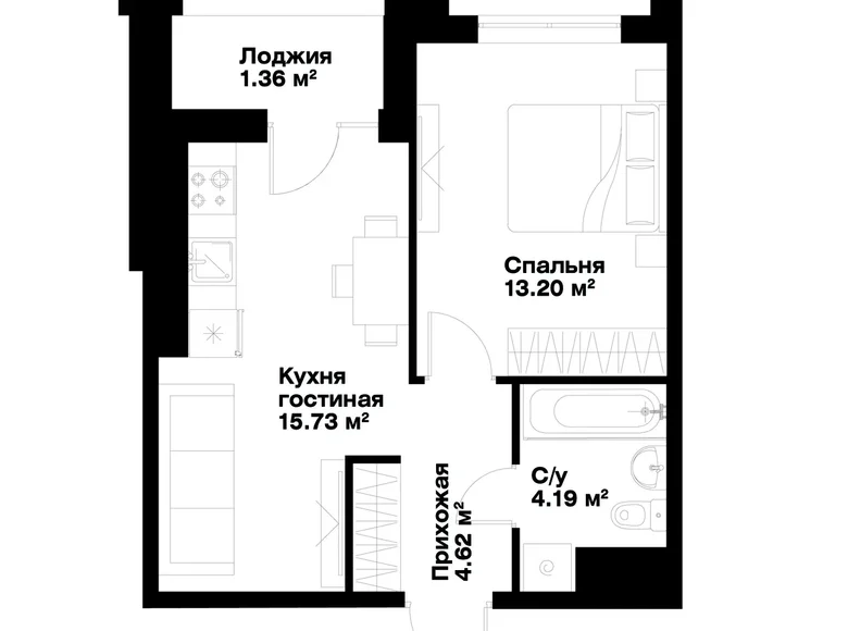 Kvartira 1 xona 39 m² Toshkentda