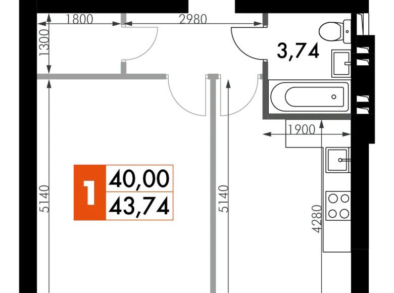 1 room apartment 44 m² Naro-Fominskiy gorodskoy okrug, Russia