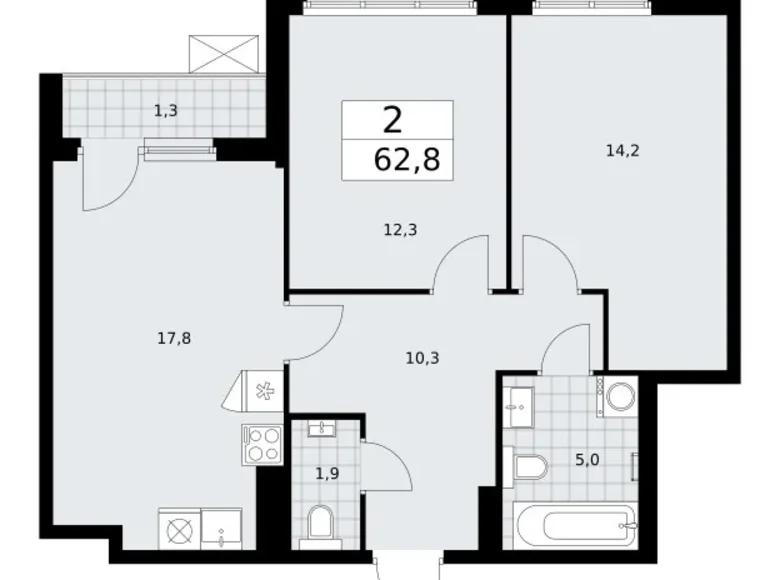 2 room apartment 63 m² Troitsk, Russia