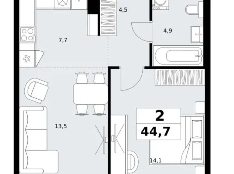 2 room apartment 45 m² Kommunarka, Russia