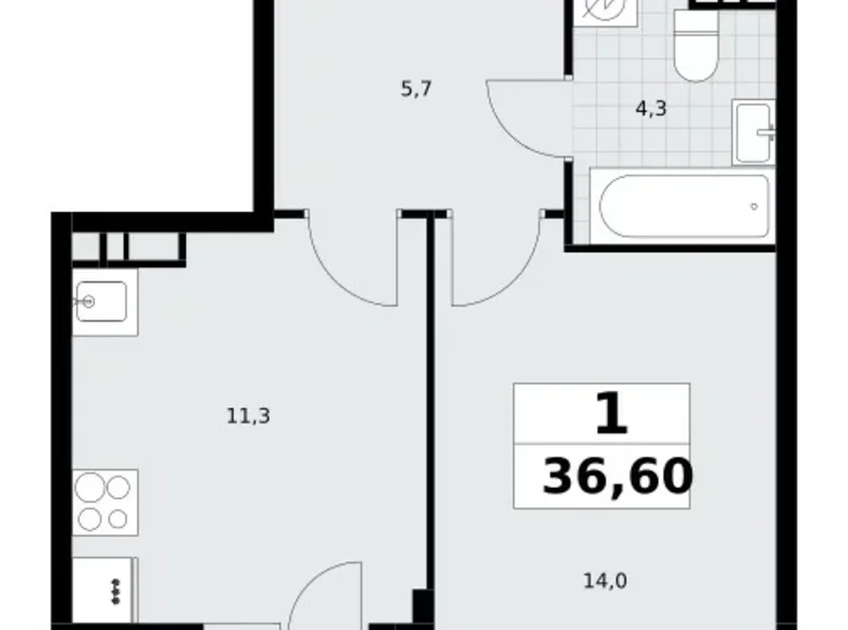 Квартира 1 комната 37 м² Postnikovo, Россия