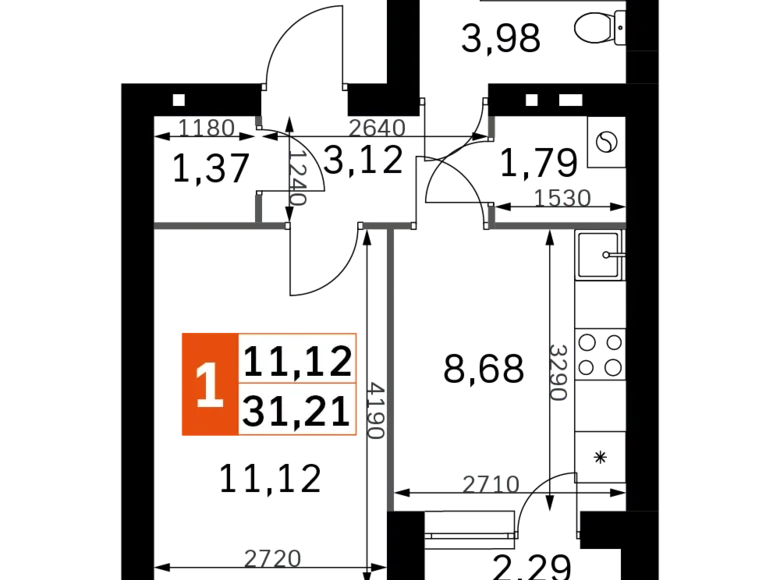 Квартира 1 комната 31 м² Одинцовский городской округ, Россия