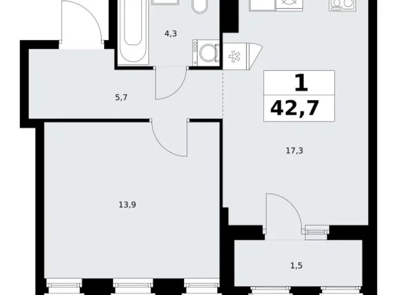 1 room apartment 43 m² Troitsk, Russia