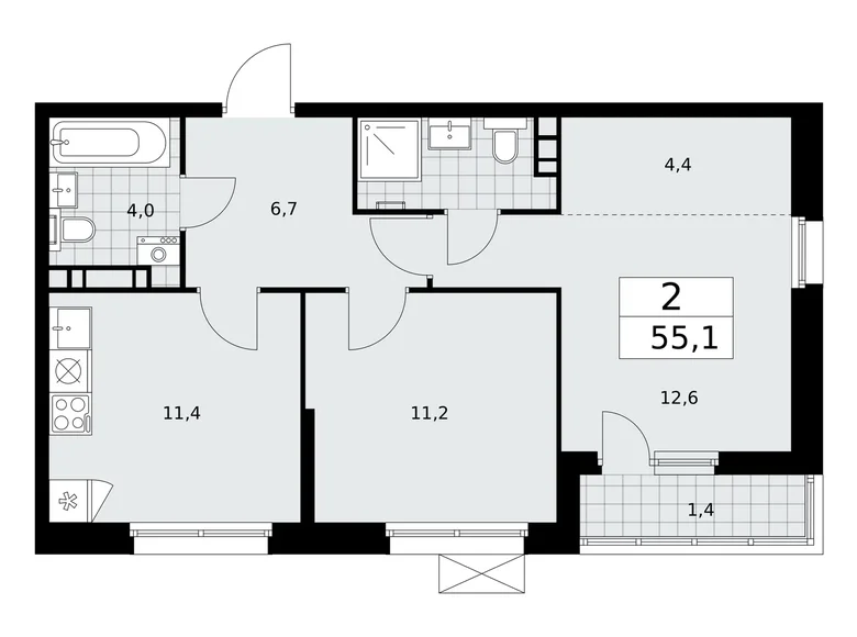 2 room apartment 55 m² Moscow, Russia