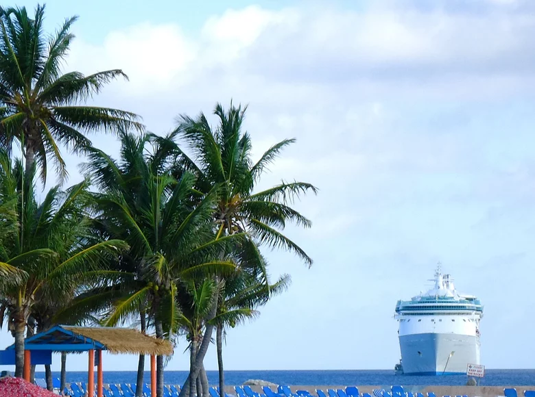 Карибское море, круизный лайнер, пальмы.