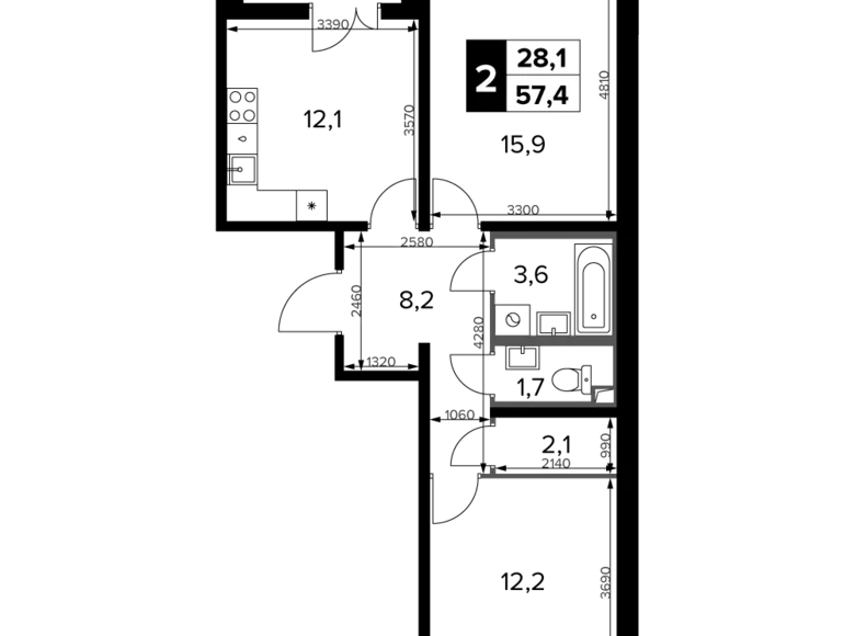 Квартира 2 комнаты 57 м² Юго-Западный административный округ, Россия