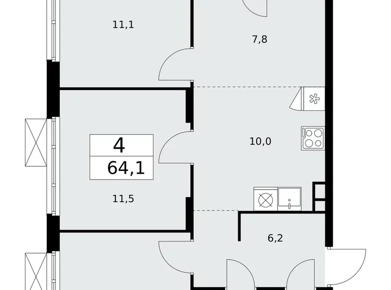 4 room apartment 64 m² poselenie Desenovskoe, Russia