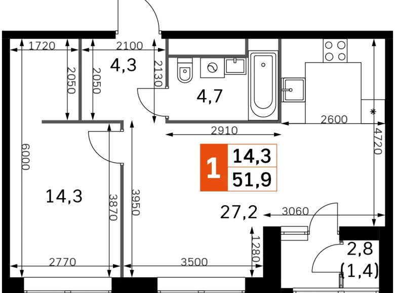 Квартира 2 комнаты 52 м² Москва, Россия