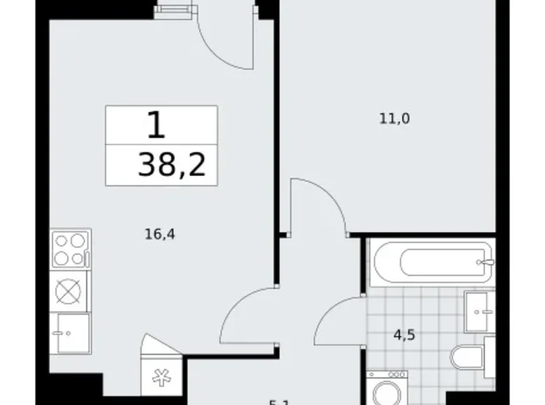 1 room apartment 38 m² Troitsk, Russia
