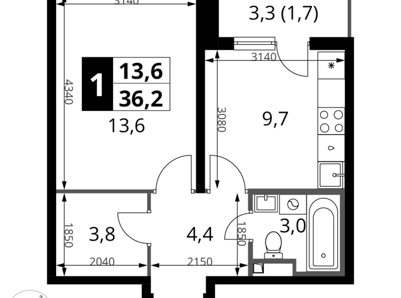 Apartamento 1 habitación 36 m² Potapovo, Rusia