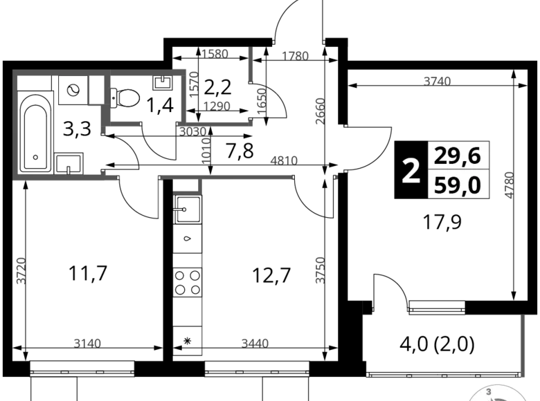 Квартира 2 комнаты 59 м² Ленинский район, Россия