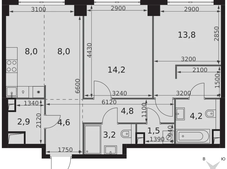 2 room apartment 65 m² North-Western Administrative Okrug, Russia