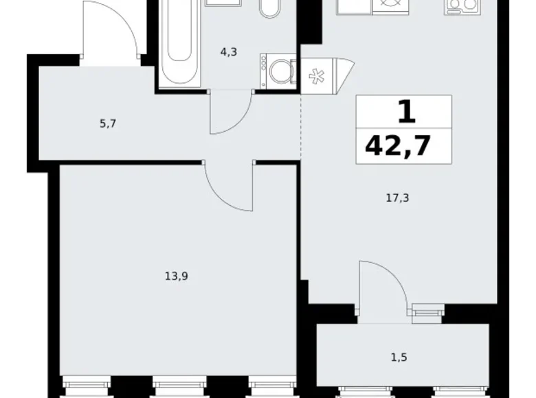 1 room apartment 43 m² Troitsk, Russia