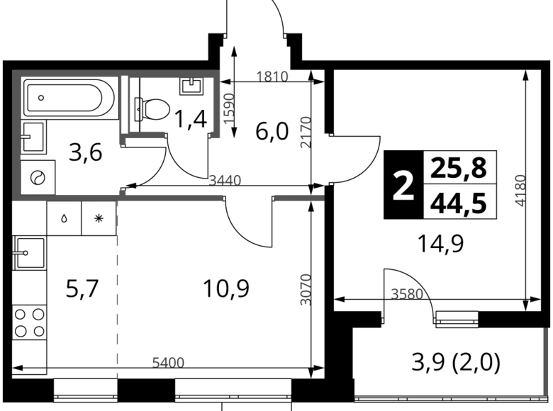 Mieszkanie 2 pokoi 45 m² rejon leniński, Rosja