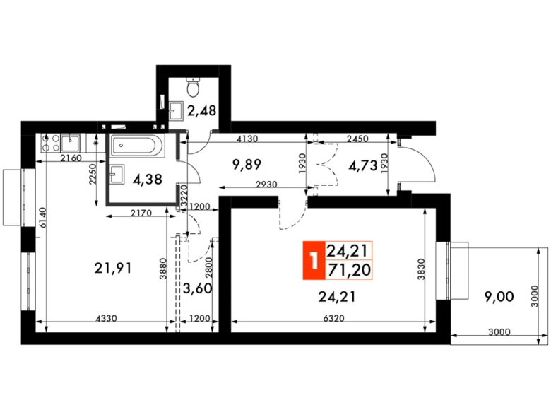 Квартира 1 комната 71 м² Одинцовский городской округ, Россия