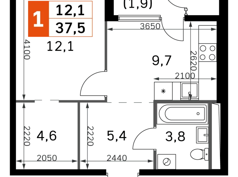 1 room apartment 38 m² Moscow, Russia