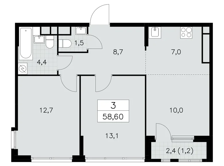 3 room apartment 59 m² South-Western Administrative Okrug, Russia