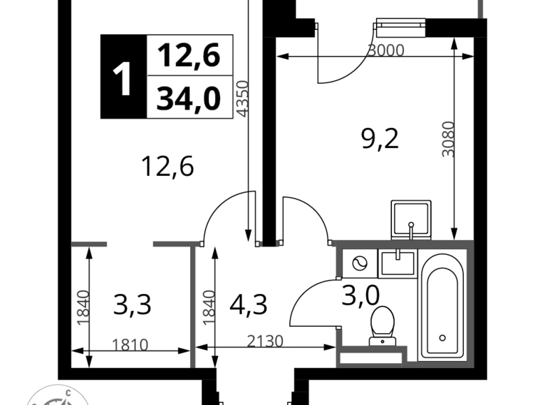 1 room apartment 34 m² Sapronovo, Russia
