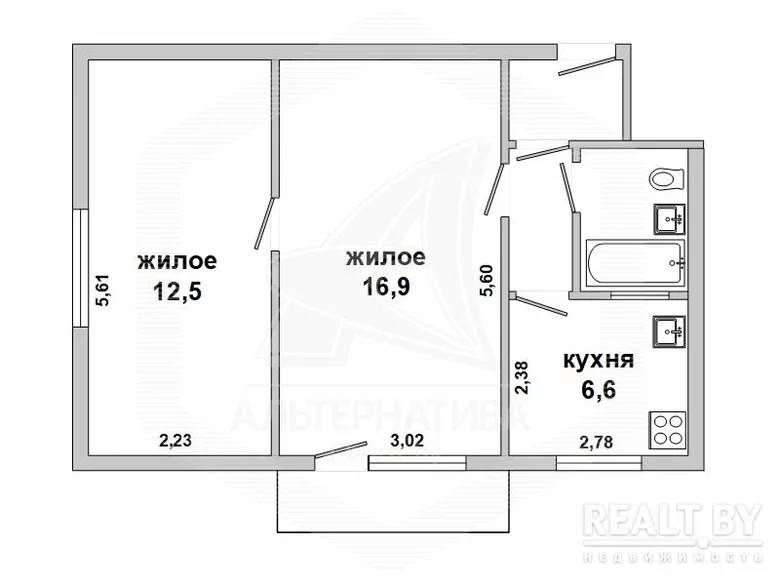 2 room apartment 43 m² Zhabinka District, Belarus