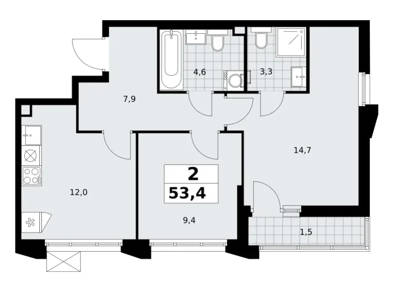 2 room apartment 53 m² Troitsk, Russia