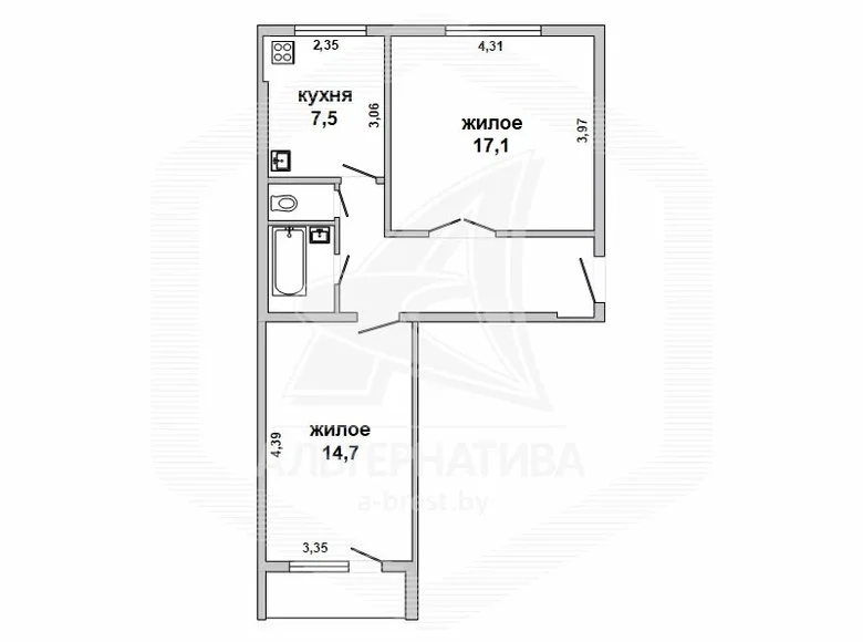 2 room apartment 52 m² Brest, Belarus