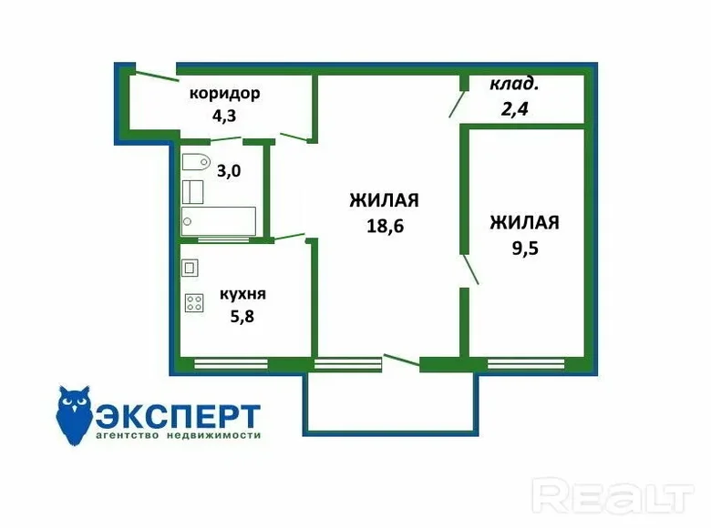 2 room apartment 45 m² Minsk, Belarus