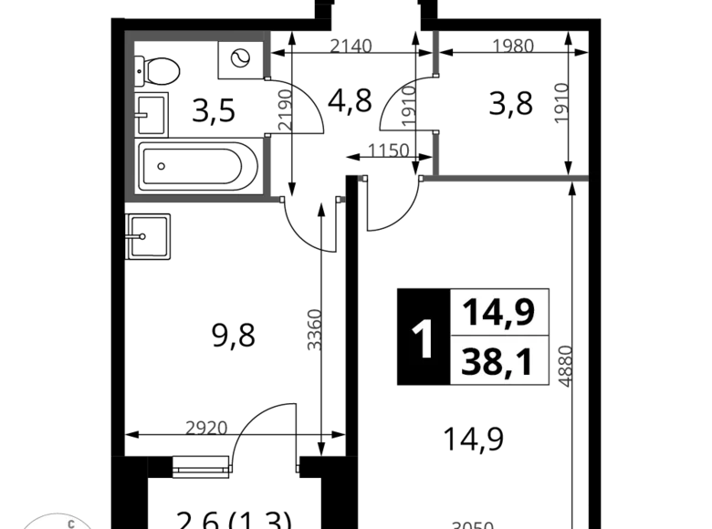 1 room apartment 38 m² Potapovo, Russia