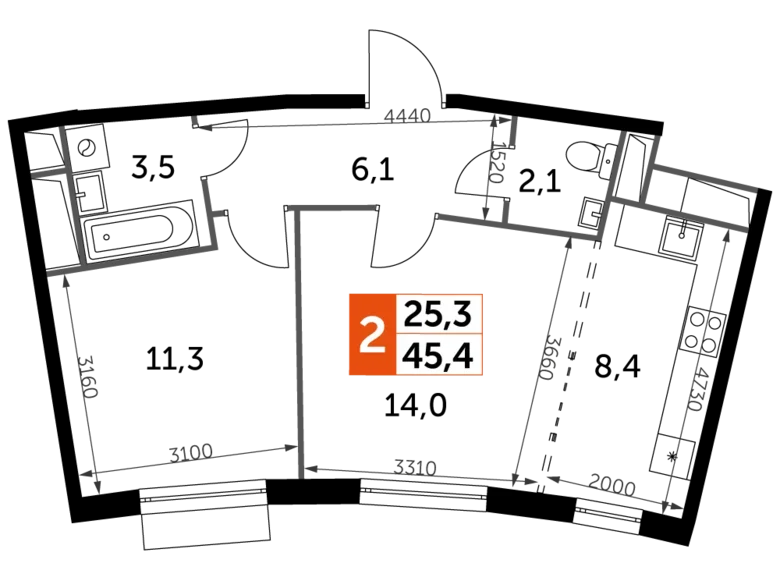 Mieszkanie 2 pokoi 46 m² Razvilka, Rosja