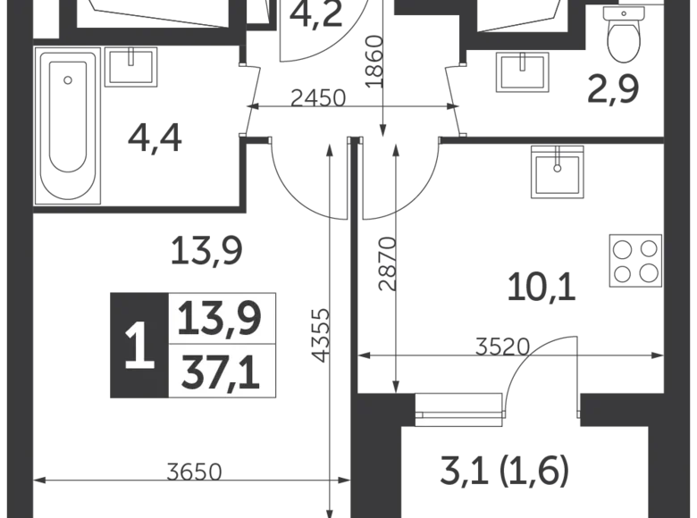 1 room apartment 37 m² North-Eastern Administrative Okrug, Russia