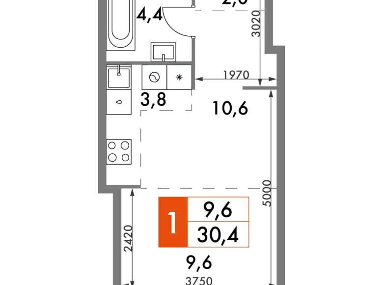 1 room apartment 30 m² Konkovo District, Russia