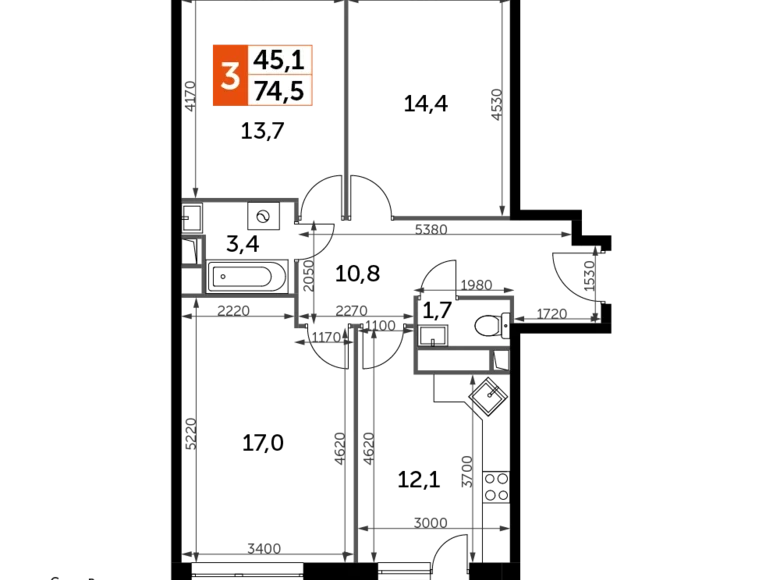 3 room apartment 74 m² Veshki, Russia