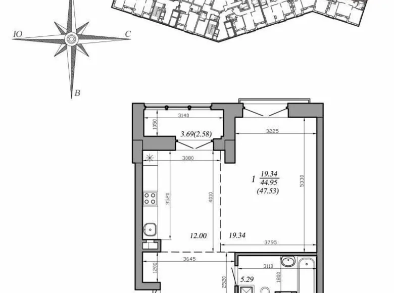 Квартира 1 комната 45 м² Минск, Беларусь