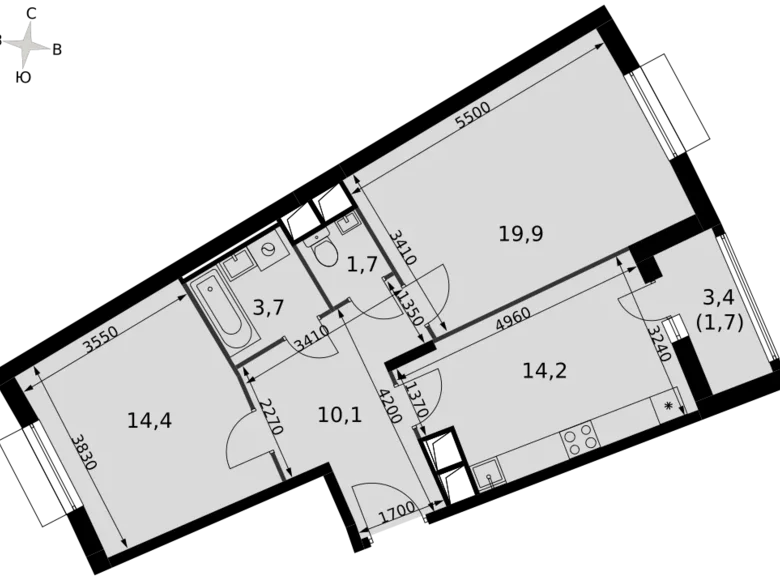 2 room apartment 66 m² Razvilka, Russia