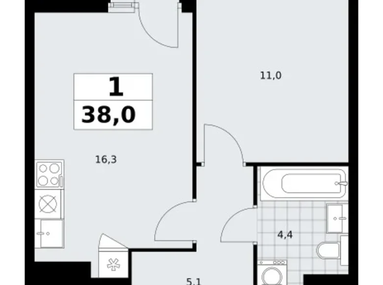 1 room apartment 38 m² Troitsk, Russia