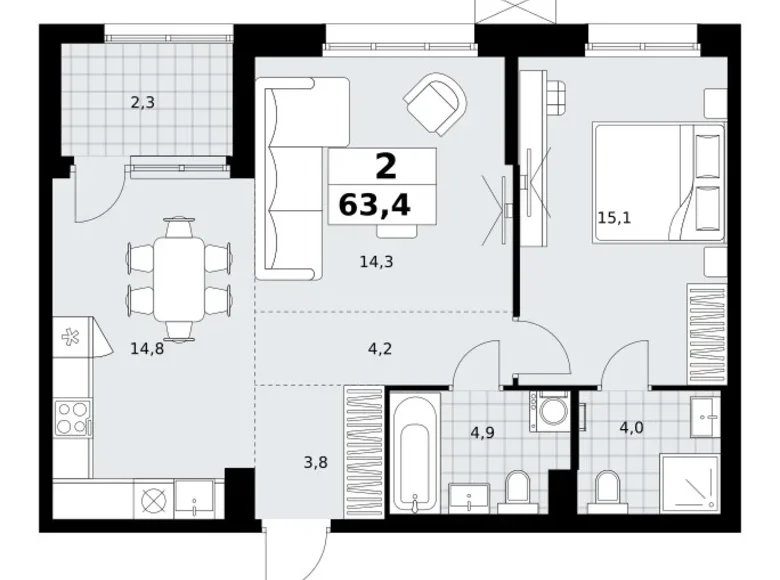 2 room apartment 63 m² Kommunarka, Russia