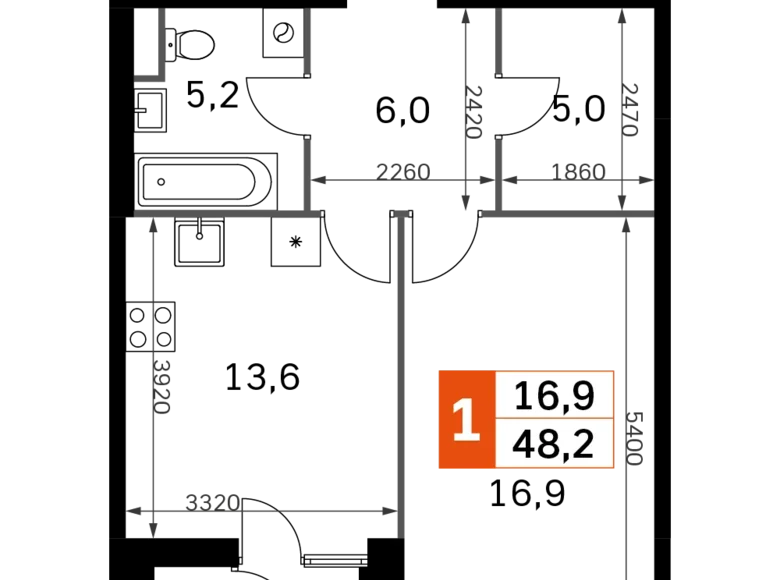 1 room apartment 48 m² Moscow, Russia