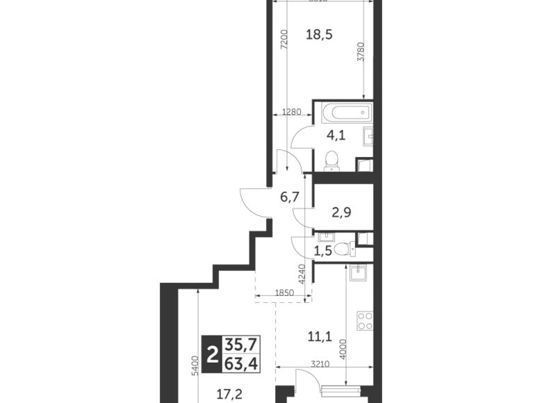 2 room apartment 63 m² Konkovo District, Russia