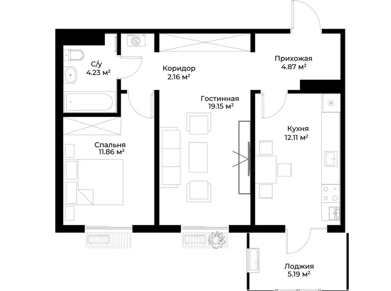 Квартира 2 комнаты 57 м² Ташкент, Узбекистан