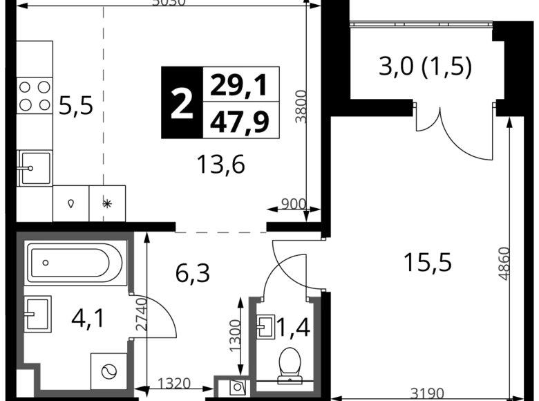 Appartement 2 chambres 48 m² Leninsky District, Russie